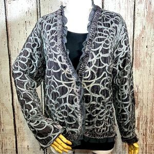 Chico’s Keeley Embroidered Silver Metallic Cord Velvet Jacket Size 2 Large EUC
